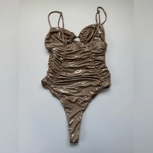 Zara Metallic Gold Slick Ruched Bodysuit Party Glam Statement Piece M Sleeveless - Picture 6 of 11
